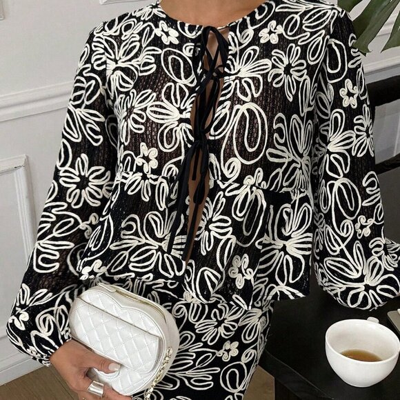 Black white Casual Women's boho Style Long Sleeve blouse With Shorts Set - Picture 3 of 6